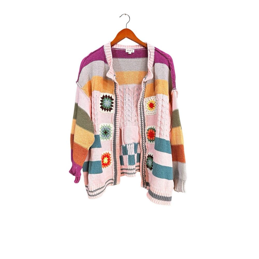 Pol Colorful Granny Square Floral Open Front Open Cardigan L